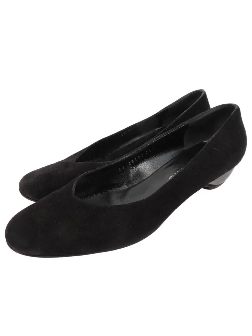 Salvatore Ferragamo 7.5 B Black Suede Tortoise Shell Design Heel Round Toe Italy
